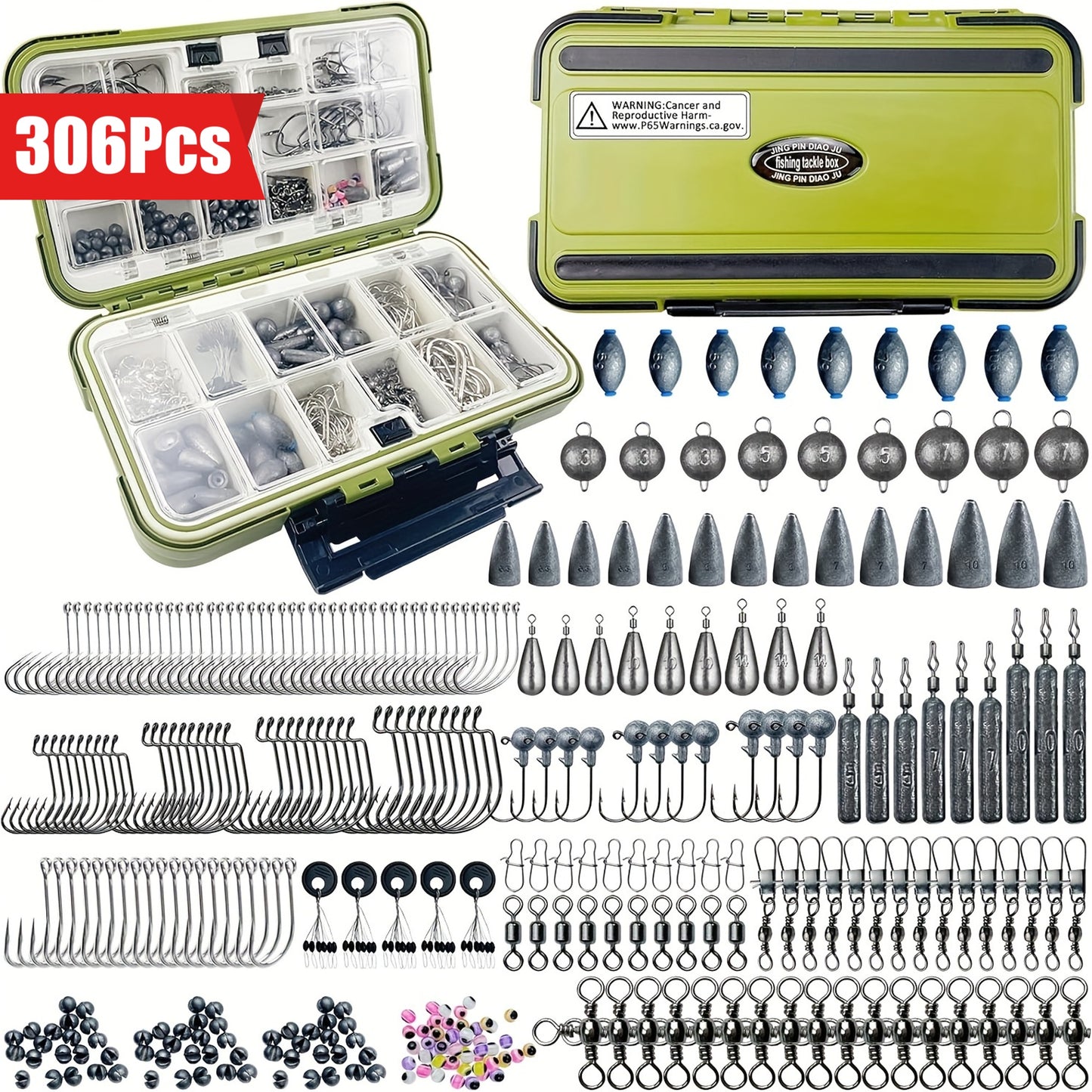 306pcs Ultimate Fishing Gear Kit - Fishing Lure Accessories Including Hooks, Sinkers, Rubber Bobber, Jigs, Beads, Swivels, Snaps, Tackle Box