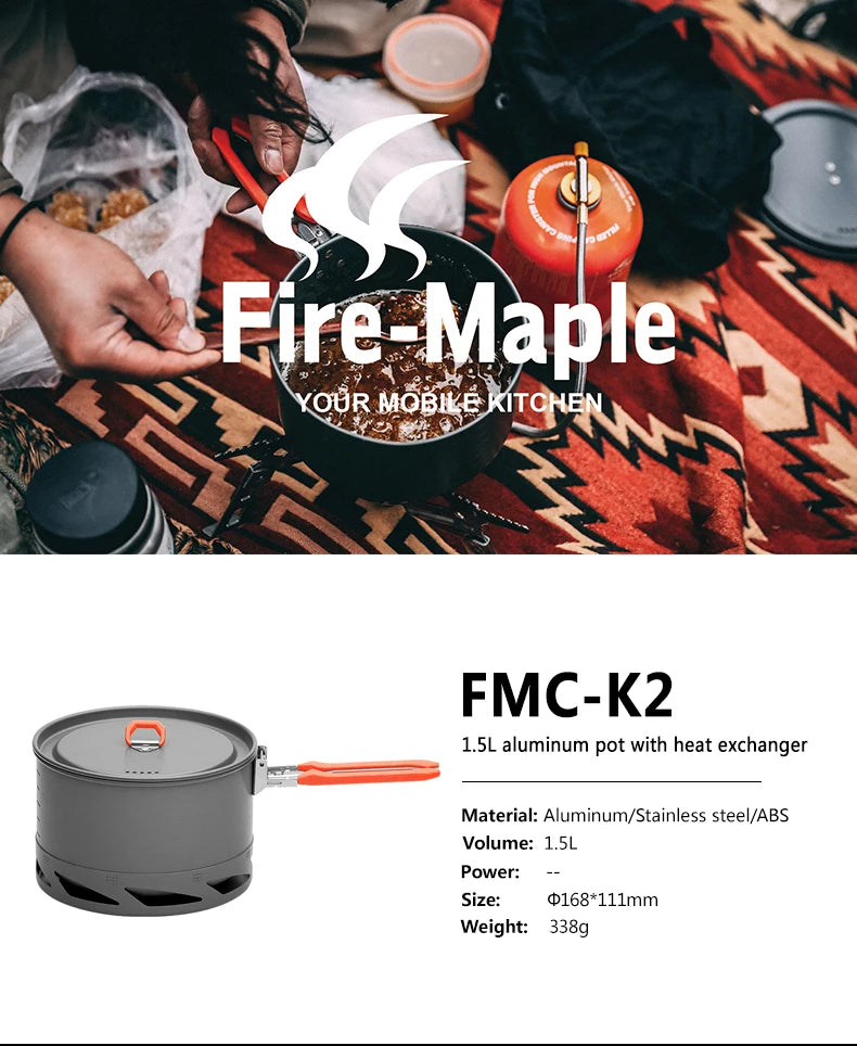 Fire Maple Feast Series K2 1.5L Outdoor Portable Foldable Handle Heat Exchanger Pot Camping Kettle Picnic Cookware 338g FMC-K2