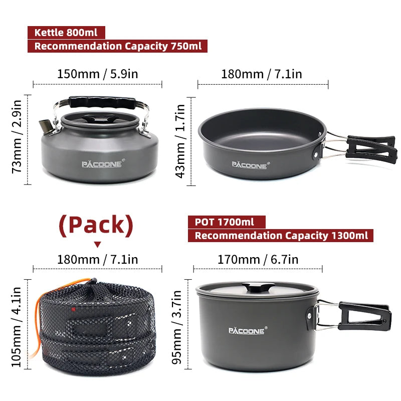 Camping Cookware Set Portable Cookware Kit Outdoor Pot Cooking Water Kettle Pan Set Tableware Hiking Picnic Equipment