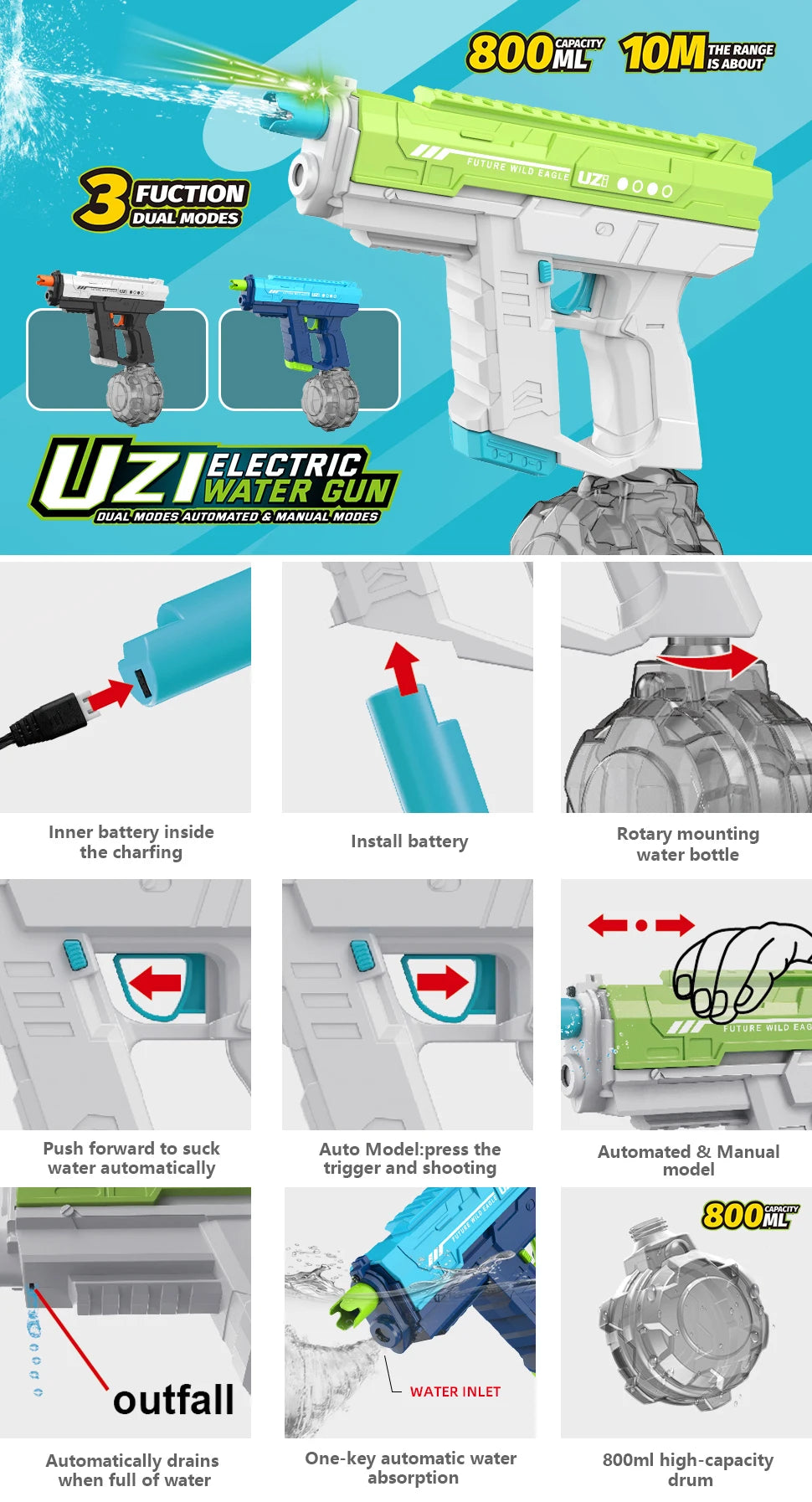 Lithium Ion Powered Automatic Squirt Gun Water Pistol