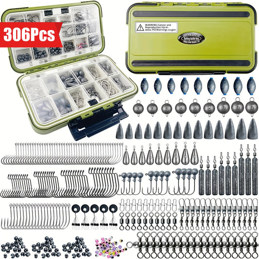 306pcs Ultimate Fishing Gear Kit - Fishing Lure Accessories Including Hooks, Sinkers, Rubber Bobber, Jigs, Beads, Swivels, Snaps, Tackle Box